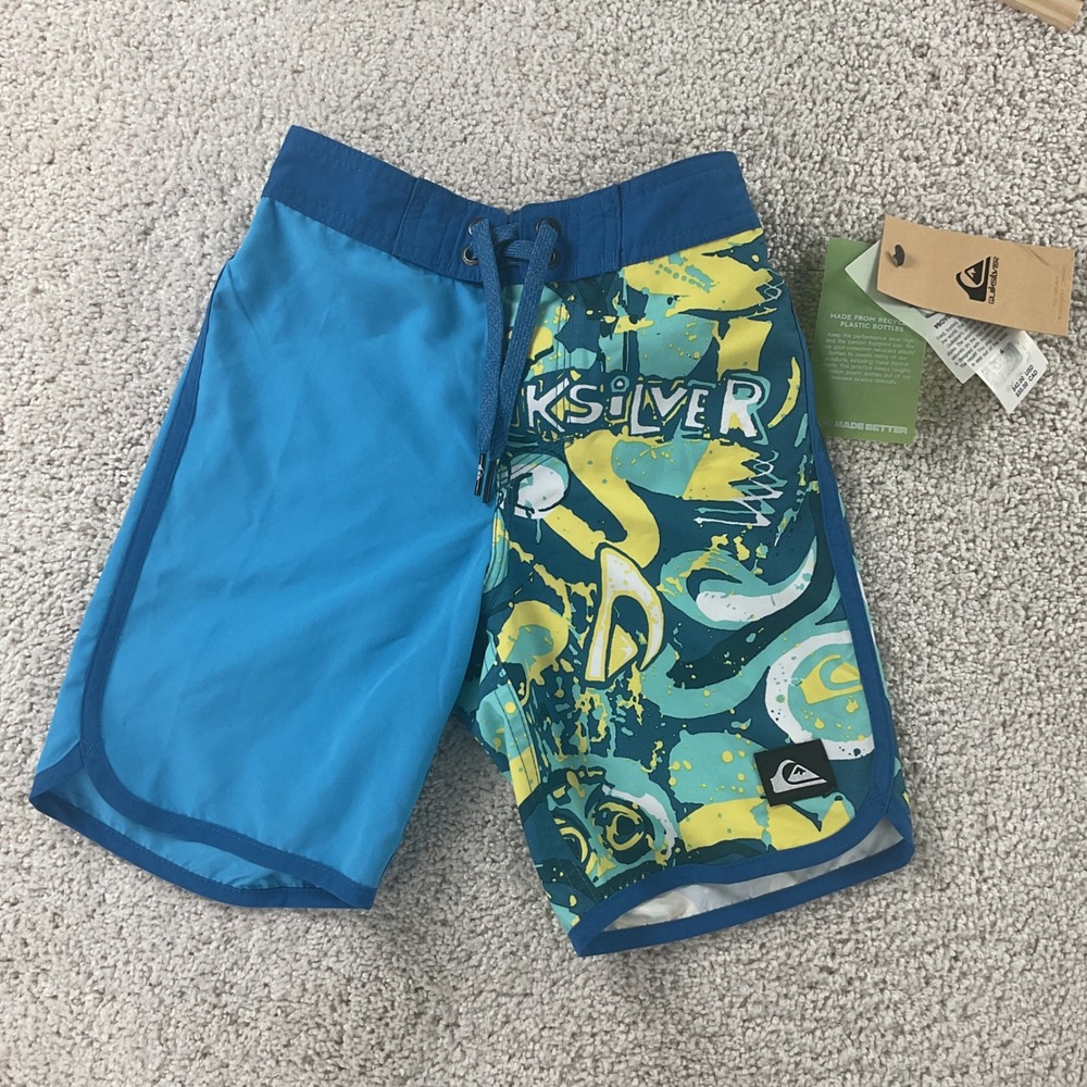 Quiksilver Boys Blue Graffiti Scallop Fit Board Shorts Swim Trunks Size 4 NWT